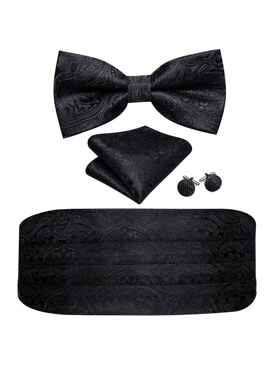 男士奢华黑色腰封套装，含领结、口袋巾和袖扣，四件套，适用于婚礼、派对、宴会、舞会等场合。 - 黑色 - 查看 1