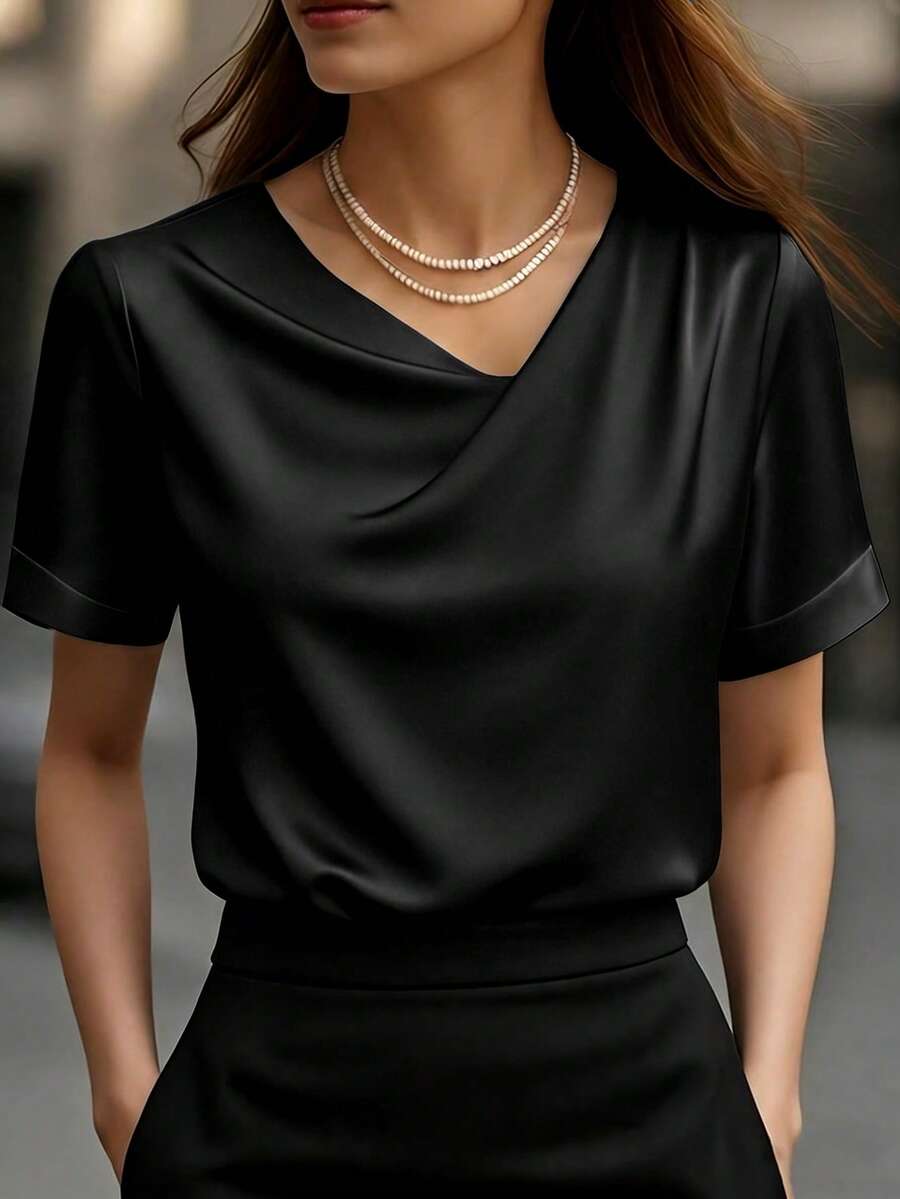 1pc Women V-Neck Solid Color Blouse Black Summer - Black - View 1