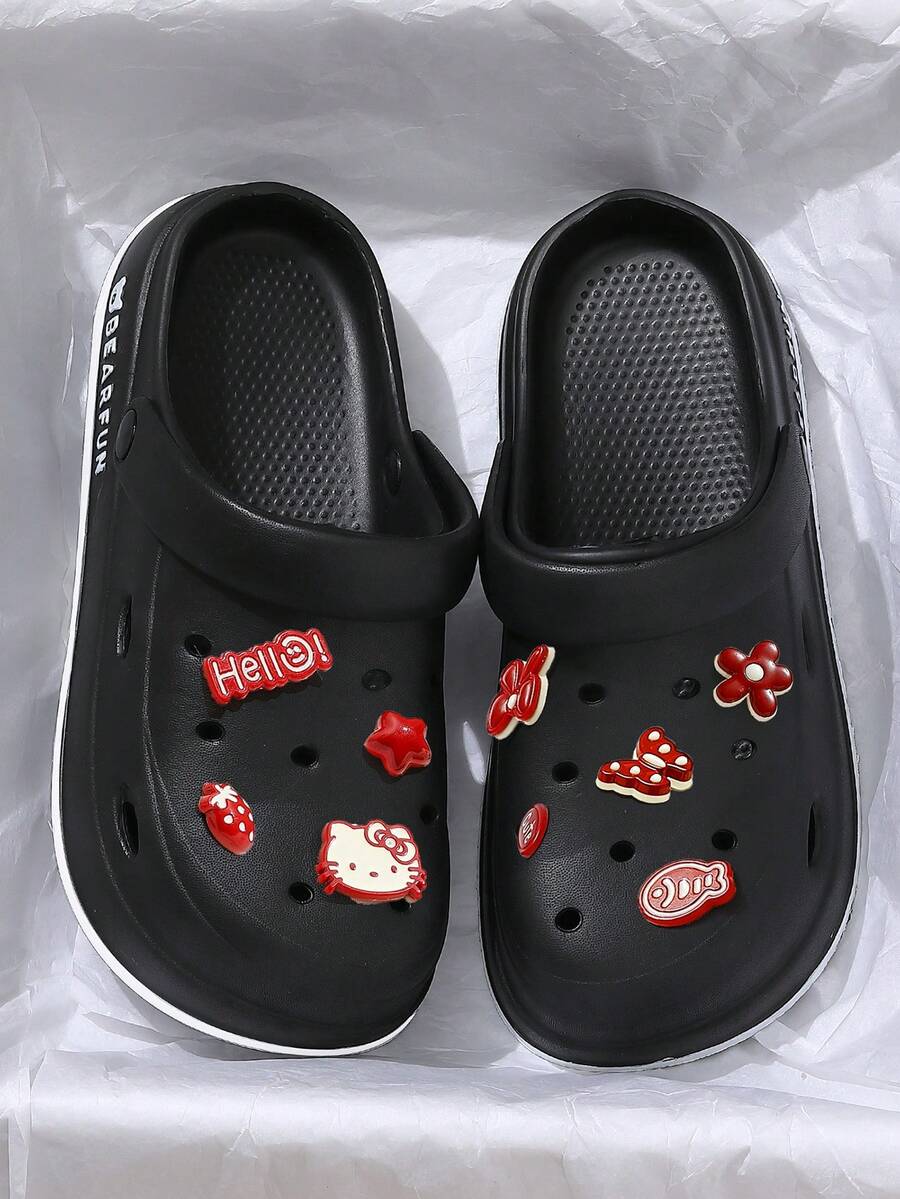 Dép xăng đan Hello Kitty nữ khoét lỗ với nơ đỏ trang trí, dép đi trong nhà nhẹ thoáng khí hình hoạt hình 3D, dép đế bằng thoải mái, dép mùa hè đế bằng co giãn, dép nữ đi trong nhà. - màu đen - Xem 1