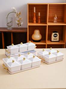 Bộ sản phẩm cao cấp đựng và trưng bày kẹo, trái cây sấy khô, bánh quy, bao gồm đĩa và khay đựng đồ ăn nhẹ. - trắng - Xem 5