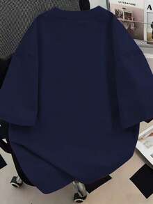 5 Minutes More 可愛貓咪印花圓領女款大尺碼夏季休閒上衣，短袖袖口印花，適合日常穿著、海灘度假、情人節、嘉年華、畢業季、畢業典禮，可與家人朋友搭配，適用於外出、旅行、假期、海灘、派對、生日、開學、音樂節、通勤、送禮、健身、WGS、新年、春季、夏季、度假 - 藏蓝色 - 查看 3