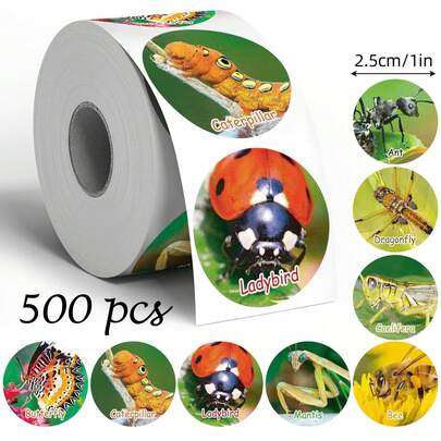500张昆虫主题鼓励涂鸦贴纸，1英寸圆形，8种图案，办公用品，教师奖励，创意剪贴簿，日记装饰，PVC防水贴纸