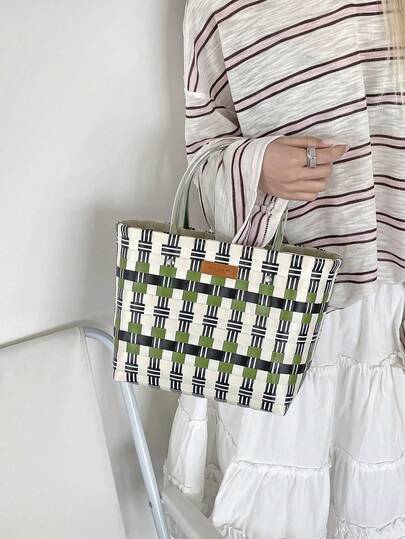 Woven Colorful Tote Basket Bag, Straw Woven Square Bag, Countryside Chic Vacation Women Handbag, Large Capacity