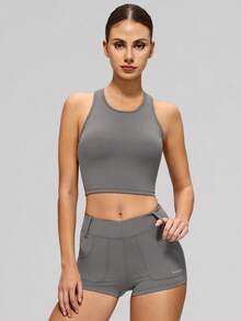 MASKERT Women's Fitted Criss-Cross Camisole And Shorts Set, High Stretch Yoga Fitness 2 Pieces Outfit, Sportswear - Flint Stone - View 5