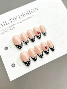 10 Pieces Of Handmade Press-On Nails, Short Almond-Shaped Stick-On False Nails. Fashionable And Styles Feature Hand-Painted Cute Ladybug Patterns And Hand-Painted White Polka Dots, With A Classic Black French Design Paired With A Nude Base. These Are High-End White Finished Nail Patches Suitable For Women And Girls For Daily Wear, Reusable, And Come With A Tool Kit. - Black - View 3