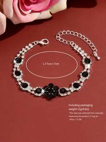 1pc Luxury Stackable Rhinestone Flower Chain Bracelet, Adjustable Copper Material, Suitable For Wedding, Gala, Beach Party, Valentine's Day, Anniversary - Silver Black - View 2
