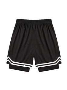 Men's Summer Sports Basketball Shorts, Drawstring Elastic Mesh Quick-Dry Knee-Length Shorts - Black - View 5