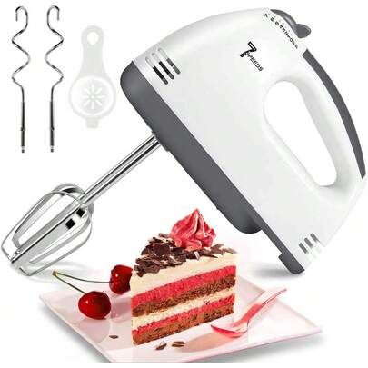 Batidora de mano eléctrica - 7 velocidades ajustables, 180 W, con 5 accesorios de acero inoxidable, control turbo/de velocidad + botón emergente, apta para pasteles y huevos, color blanco roto.Mezclador de cocina ideal, adecuado para masas, cremas y postres - Perfecto para la repostería doméstica