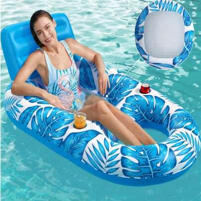 Ghế thư giãn bơm hơi, cỡ lớn, họa tiết lá phong xanh hồng, chất liệu PVC, có tựa lưng và giá để cốc, đồ nội thất bơm hơi thoải mái cho tiệc mùa hè, thư giãn trên bãi biển.