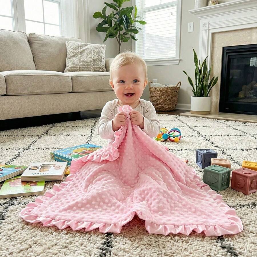 momscare 1pc Pink Baby Swaddle Blanket, Soft Minimalist Baby Blanket. Suitable For Newborns And Infants - Adorable Design Baby Blanket With Ruffle Edges - Perfect Baby Gift For Valentine's Day For Boys And Girls - Pink - View 1