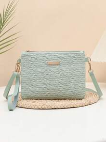 1pc Women's Envelope Bag, Hollow Out Jacquard Niche Design Ladies Shoulder Bag, Fashion Minimalist Female Bag, Crochet Bag, Contrast Color Patchwork PU Material Crossbody Bag, Sweet Lady Cute Crossbody Small Bag, Beige Color Clutch, Mini Beach Bag Wristlet Coin Purse Shoulder Crossbody Bag, Women Handbag Spring Summer New Versatile - Mint Green - View 2