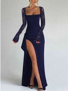 Women's Elegant Lace Slit Sexy Party Nightclub Holiday Wedding Long Dress - Navy Blue - View 2