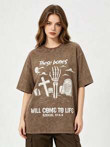 Men's Y2K Vintage Distressed Black T-Shirt - Gothic "These Bones Will Come To Life" Ezekiel 37:4-5 Graphic With Skeletal Hand, Cross & Tombstone, 100% Cotton Super Soft & Breathable Christian Streetwear Gift Independence Day Father's Day DG004-A - 咖啡色 - 查看 3