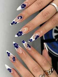 24pcs Medium Almond Press On Nails White French Tip Blue Floral Gold Bead Accent Glossy Full Cover Fake Nails For Women Girls - Blue - View 1