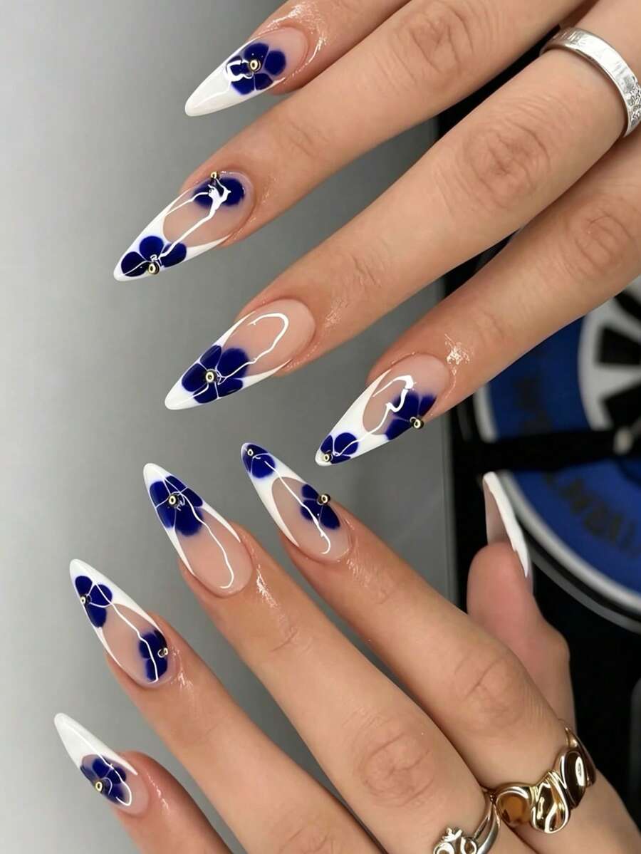24pcs Medium Almond Press On Nails White French Tip Blue Floral Gold Bead Accent Glossy Full Cover Fake Nails For Women Girls - Blue - View 1