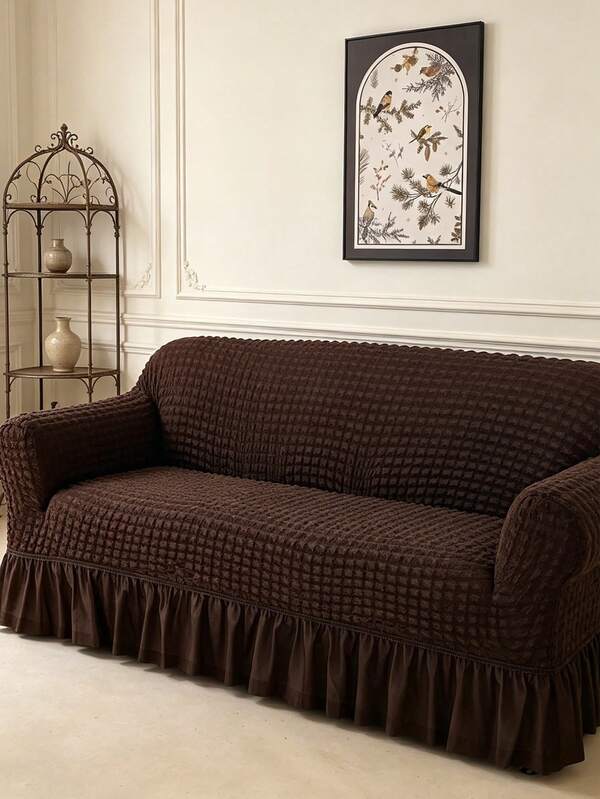 1pc Deep Coffee Bubble Chiffon Ruffled Elastic Sofa Cover, Suitable For 3-Seater, 2-Seater, 4-Seater, 1-Seater Sofa, Dust-Proof, Washable, Home Decor