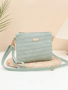 1pc Women's Envelope Bag, Hollow Out Jacquard Niche Design Ladies Shoulder Bag, Fashion Minimalist Female Bag, Crochet Bag, Contrast Color Patchwork PU Material Crossbody Bag, Sweet Lady Cute Crossbody Small Bag, Beige Color Clutch, Mini Beach Bag Wristlet Coin Purse Shoulder Crossbody Bag, Women Handbag Spring Summer New Versatile - Mint Green - View 3