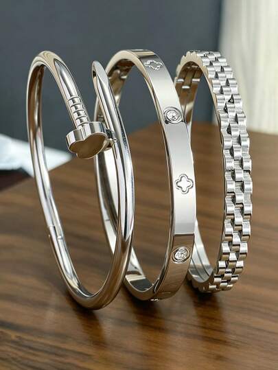 3/1pc High Quality Stainless Steel Flower Zirconia Bracelet For Women, Multi-Element Jewelry Design With Chain, Gear And Clover, Fashionable And Versatile, Suitable For Daily Wear, Parties, Festivals, Birthdays, Weddings, Valentine's Day, Mother's Day Gift,Summer,Jewellery