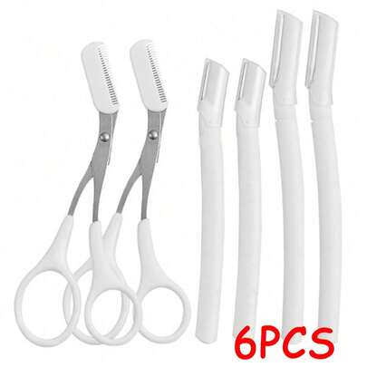 6件套白色修眉工具套装，适合初学者 - 包括修眉刀、修眉剪和安全放大镜 - 男女皆宜