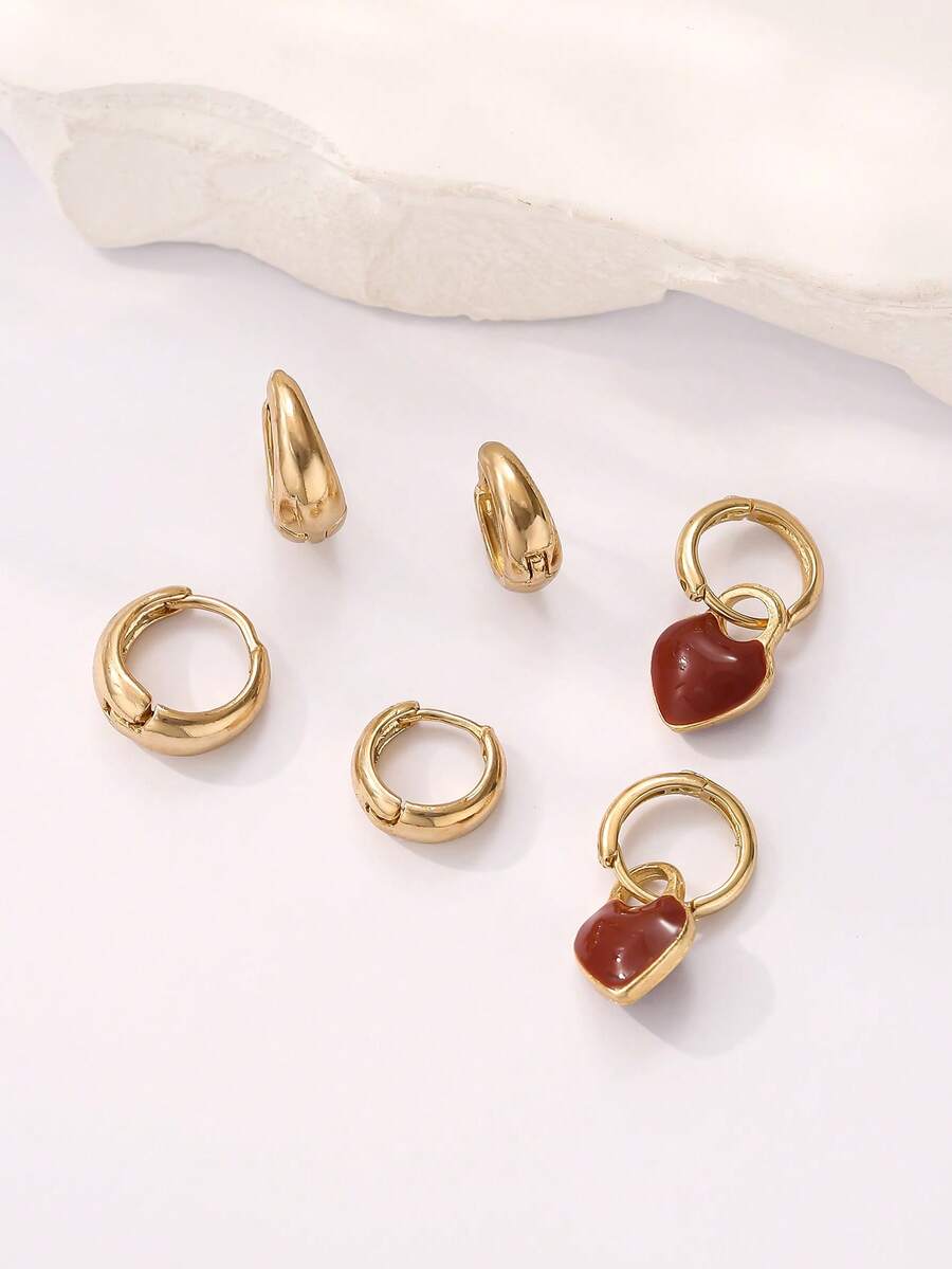 6pcs Unique Gold-Tone Earring Set, Adorable Heart Pendant Earrings, Versatile Accessory For Party, Date And Vacation, Ideal Gift For Girlfriend And Friends - Multicolor - View 1