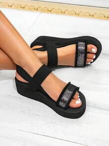 Women's Summer Sandals, Platform Wedge Sandals, Slip-On Sandals, Black Sandals, High Heel Sandals, Elastic Strap Colorblock Open Toe Beach Shoes, Minimalist - Black - View 3