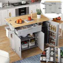 Large Mobile Kitchen Table (W 132.5 X L 44 (70) X H 90 Cm), Folding Countertop, Oak Finish, Multifunctional Cabinet, Clothes Rack, Towel Rack, 5 Casters, Ideal For Kitchen/Dining Room/Home - Grey - View 2