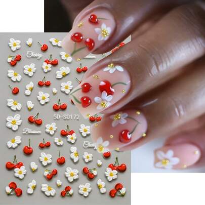 2张5D立体花朵美甲贴纸，自粘式浮雕樱桃美甲贴纸，春夏花卉美甲贴花，可爱花朵樱桃美甲设计贴纸，女士DIY美甲