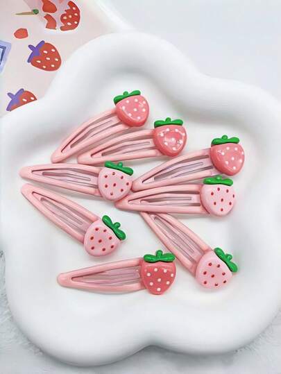 4个粉色草莓发夹，可爱刘海夹，适合少女，甜美侧边发夹，学生发饰