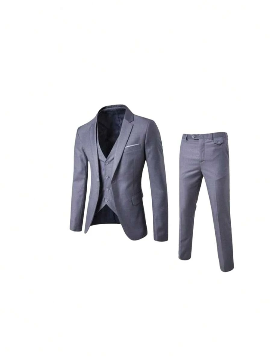 Men's Business Suit Set Professional Formal Wear Two-Piece Slim-Fit Suit Korean Style Best Man & Groom Wedding Attire - 一扣灰色外套+馬甲+西裝褲 - 查看 1