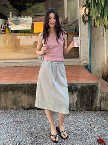 女士休闲纯色圆领背心，夏季粉色 - 粉色 - 查看 7