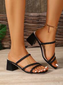 Sandalias deslizantes tejidas, sandalias con tacón grueso de una correa para mujeres, zapatillas de tacón alto con correa delgada, zapatos de vestir de verano - Negro - Ver 4