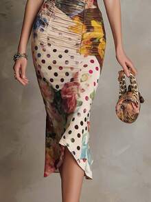 Women's Summer Vintage Floral Print Ruched Waist Stretchy Bodycon Midi Dress Elegant Slim Fit Party Evening Gown For Formal Event Date Night - Hoa - Xem 8
