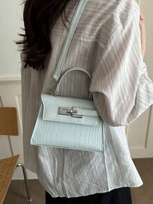 时尚简约手提包，新款奢华鳄鱼纹压花单肩包，女士通勤斜挎包 - 淺藍色 - 查看 4