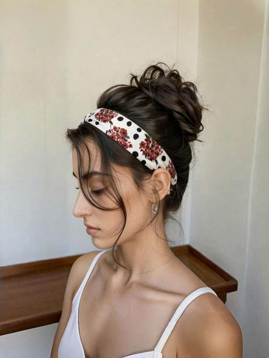 1 pieza Diadema ancha para mujer, diadema con nudo y estampado floral bohemio, diadema elástica y cómoda, accesorio de moda para el cabello apto para verano, primavera, deportes, yoga, uso diario, festivales, fiestas - Multicolor - Ver 1