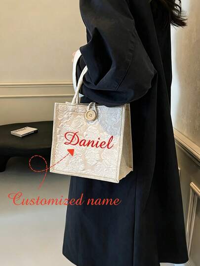 Personalized Linen Tote Bag For Women - Custom Name Embroidered Handbag With Floral Pattern - Reusable Shopping Bag, Work Commute Shoulder Bag, Mother's Day Gift