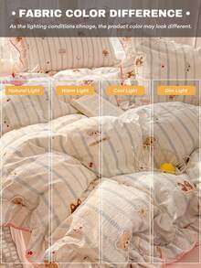 公主风荷叶边条纹泰迪熊床上用品三件套，可爱奶油色，高密度云朵双层纱布材质，粉色花卉饰边设计，四季皆宜，抗起球、防褪色，可机洗，包含1个被套+2个枕套（不含枕芯，枕套图案随机裁剪） - 淺粉色 - 查看 7