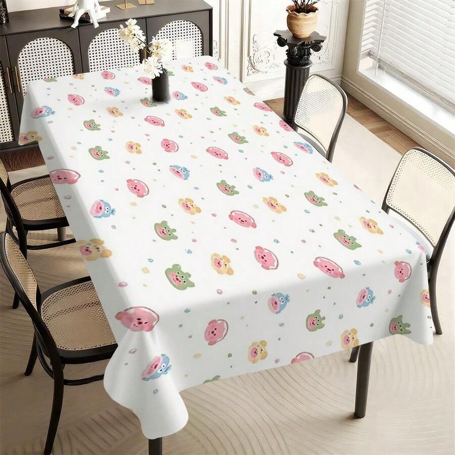 1pc Cute Cartoon Animal Head Print Tablecloth, Fresh Macaron Style, Waterproof & Stain-Resistant, Suitable For Dining Table, Tea Table And Home Decor - Multicolor - View 1