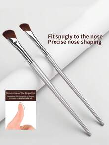 2pcs/Set Silver Handle Angled Makeup Brushes, Eye Shadow Blending & Nose Contour Brushes, Beauty Tools - Silver - View 3