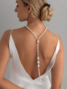 1pc Elegant Baroque Pearl Y-Shaped Backless Necklace, Exquisite Beaded Necklace, Suitable For Women To Wear At Weddings, Parties And Formal Occasions - White - View 3