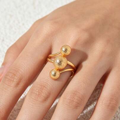1 Pc Dubai Style Three Ball 18k Gold Plated Beaded Ring For Women,Unique Textured Bead Statement Ring.Fashion Jewelry For Women Daily & Party Wear.