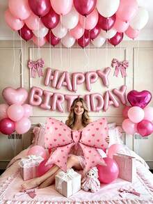 46件組粉色生日裝飾套組，包含粉色「Happy Birthday」橫幅、心形鋁箔氣球、蝴蝶結氣球，適合公主風生日派對裝飾、蝴蝶結主題派對用品、情人節、告白場景裝飾派對 - 彩色 - 查看 3