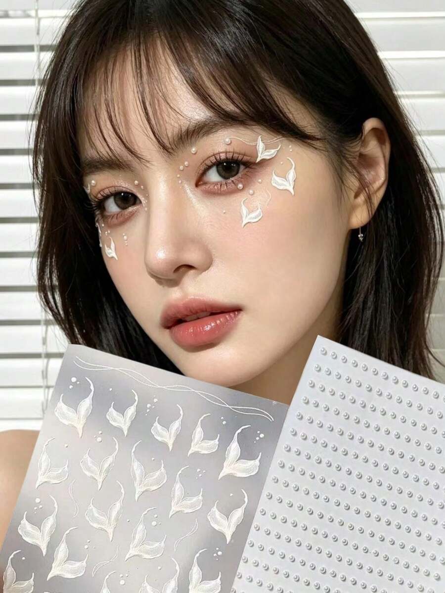 1pc White Fish Tail Eye Makeup Sticker, Pearl Teardrop Sticker, Sweet Mermaid Makeup, Stage Makeup, Pure Aesthetic Photo Decor Sticker,Concert Look,Face Gems - Multicolor - View 1