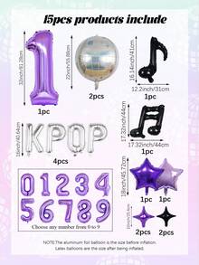 15件組 K-Pop 音樂主題生日裝飾氣球套裝，包含音符氣球、32英吋紫色數字0-9氣球、迪斯可氣球，適用於 K-Pop 音樂主題生日派對裝飾、短影片裝飾、卡拉OK音樂主題裝飾 - 彩色 - 查看 3