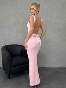 Nightclub Backless Bow Dress | Sleeveless Bodycon Mermaid Party Dress - Rave Outfits, Festival Fashion & Cocktail Clubbing Dress - Pink - View 5