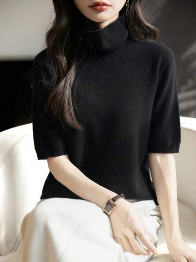女士100%美利奴羊毛T恤 春季一体式无缝针织衫 休闲穿搭 女士春夏高领短袖套头衫 新款羊毛T恤