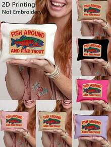 2D鱼群图案鳟鱼钓鱼化妆包，趣味钓鱼印花拉链化妆品收纳包，手提旅行洗漱包，可折叠轻便收纳袋，零钱包，拉链手拿包，化妆品收纳包 - 彩色 - 查看 1