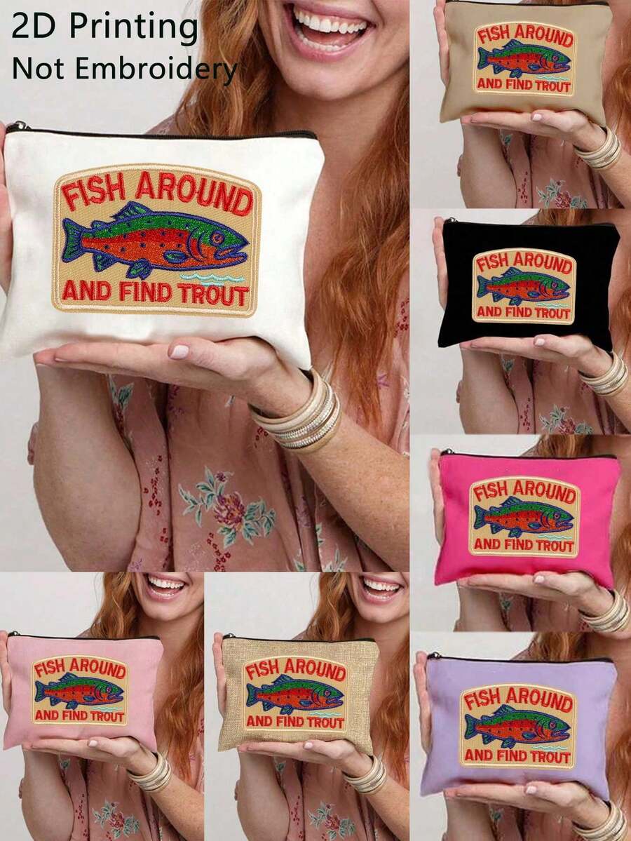 2D鱼群图案鳟鱼钓鱼化妆包，趣味钓鱼印花拉链化妆品收纳包，手提旅行洗漱包，可折叠轻便收纳袋，零钱包，拉链手拿包，化妆品收纳包 - 彩色 - 查看 1