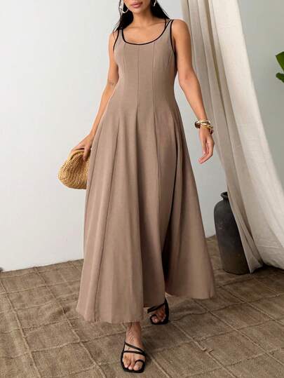 Damen Leinen Pastellgelb A-Linie Maxikleid - Ärmellos Rundhalsausschnitt Spaghettiträger, anliegendes Oberteil fließender Rock, leichtes Sommer Elegantes lässig Kleid