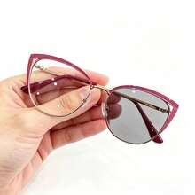 1 Pair Metal Round Cat Eye Frame Glasses For Women, Suitable For Indoor Computer Reading & Outdoor Photochromic, Spring Hinges Design, Silk Fashion - Black - View 12