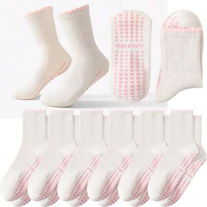1/2/3/4/5/6 Pairs Women Non-Slip Socks For Pilates, Yoga, Fitness, Dance, Grip Socks, Anti-Slip Shock-Absorbing Breathable Moisture-Wicking Sports Yoga Socks, Suitable For Yoga, Pilates, Fitness, Gymnastics And Outdoor Sports, Pink Polka Dot Ruffle Trim Cute Yoga Crew Socks, Ideal Gift